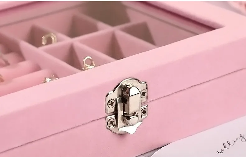 Large Capacity Pink Tray Transparent Showcase Ring Luxury Display Velvet jewelry Storage Box jewelry Organizer