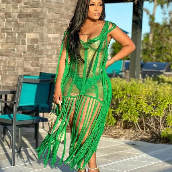 TS1253 New fashion sexy bikinis swim suit cover ups dress crochet beach wear cover up bathing suits for women tassel beach dress