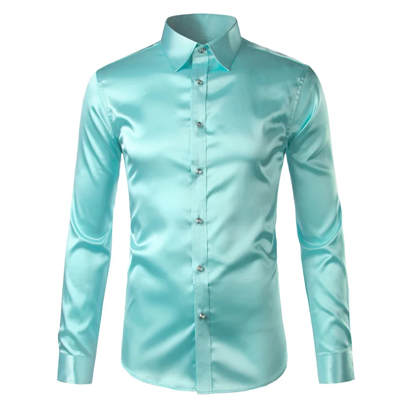 Custom Satin Silk Men  Fashion Long Sleeve Mens Slim Tuxedo Shirts Casual  Button Down Dress Shirts
