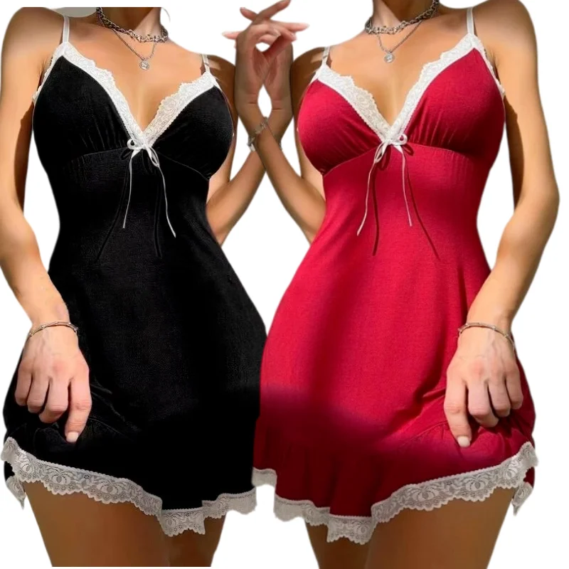 Lace deep V temptation slip sexy pajamas Nightgown Trim Cami Nightdress
