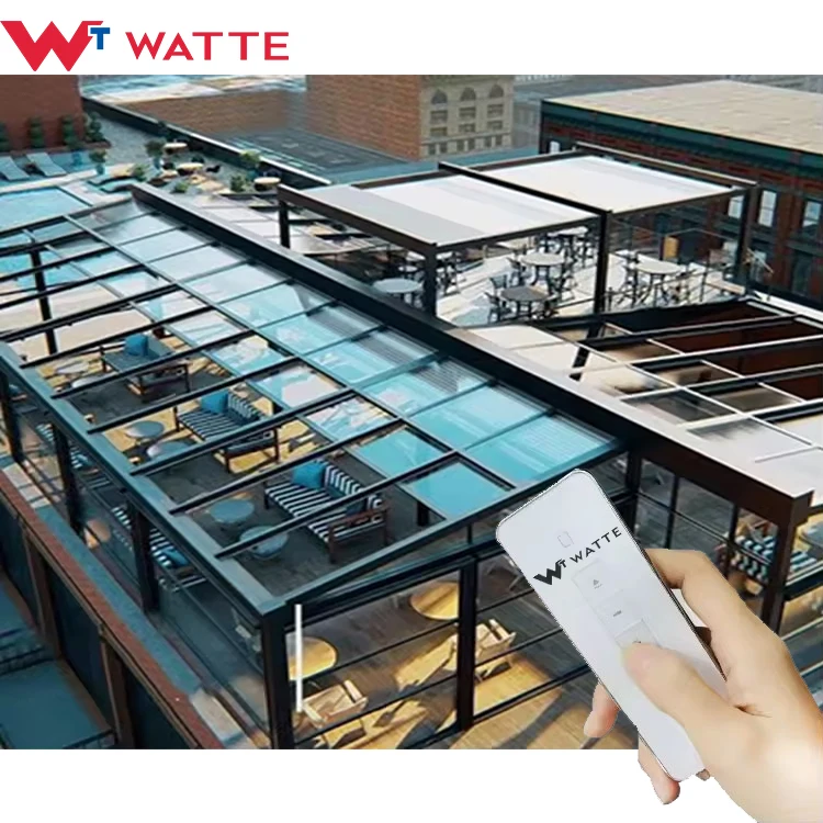 Electric Sliding Design Outdoor Restaurant Cafe Aluminium Profile Sun Shade Skylight Retractable Glass Roof Sunroom