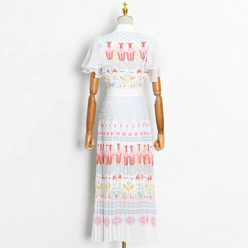 Literary Style Fashion Catwalk Dress  Summer New Flying Sleeves Stitching Pleated Printed Casual Dress