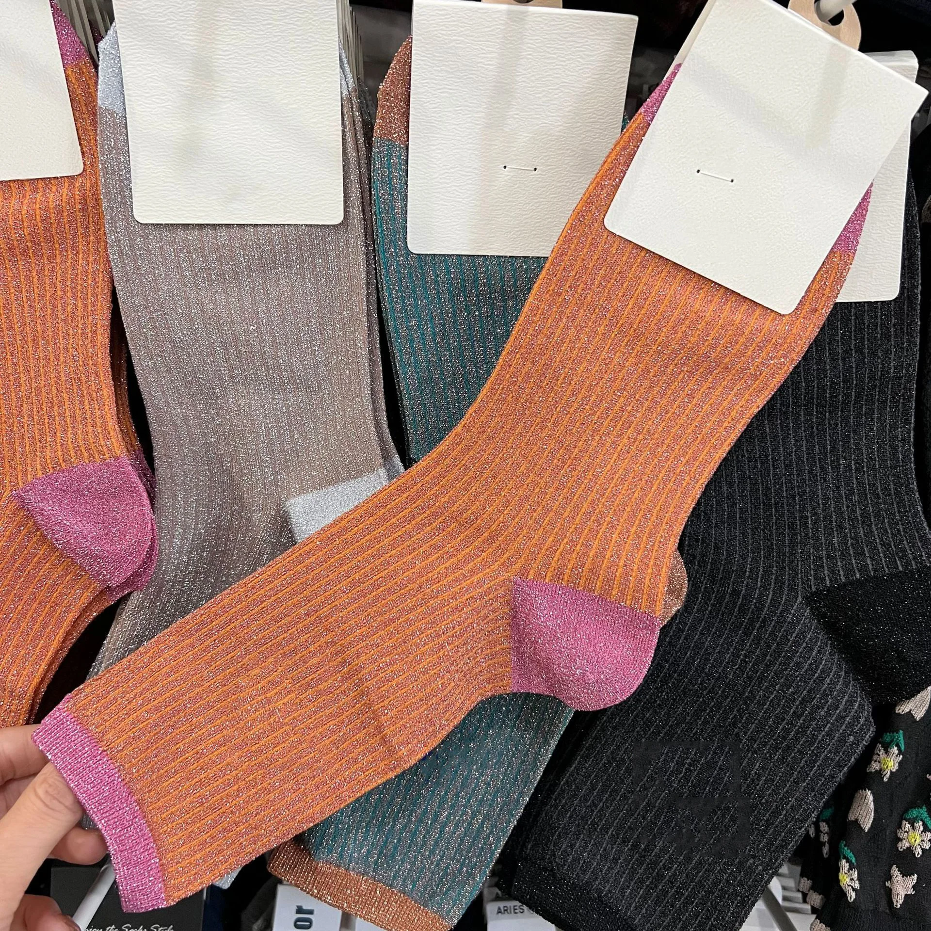 Solid color golden silver yarn made polyester women double cylinder socks