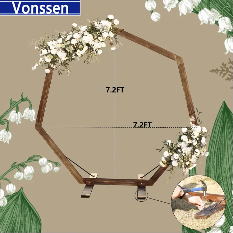 Wooden Wedding Arch 7.2FT Heptagonal Wood Arch Arbor Backdrop Stand for Ceremony Garden Party Indoor Outdoor Rustic Decoration
