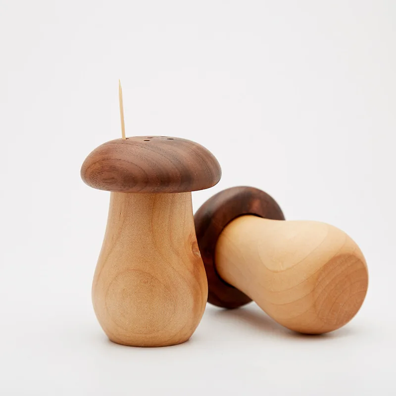 Custom Logo Japanese Style Solid wood toothpick holder box black walnut wooden mushroom cute shape storage kitchen