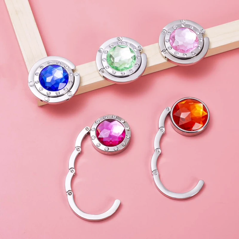 Pink Foldable Table Handbag Hook Round Shaped Diamond Bag Hanger Holder Metal Purse Hook