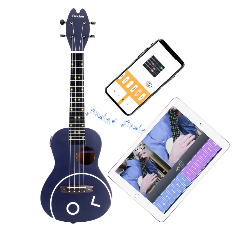 Populele 23 inch Smart Ukulele With App Teaching and Learning Cute Cat Concert Ukulele 72 LED Light For Kids Gift