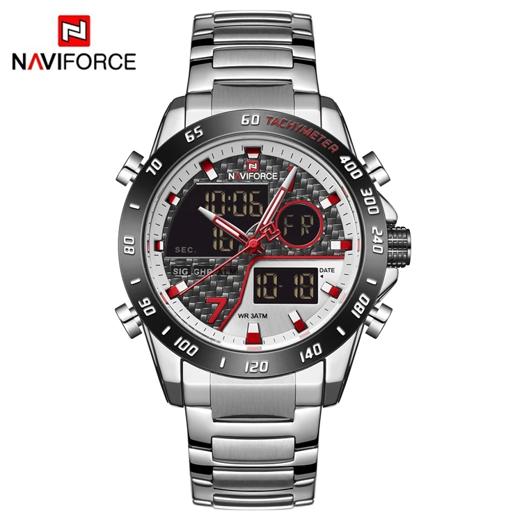  NAVIFORCE NF9171 модные крутые черные часы из нержавеющей стали для мужчин японские кварцевые цифровые наручные два
