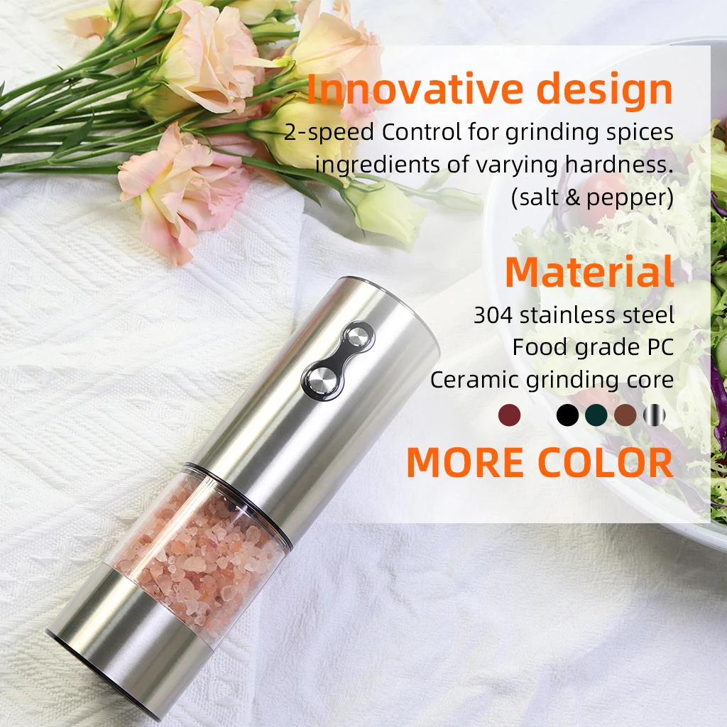 2 Button Stainless Steel Electric Salt And Pepper Grinder Set Pepper Mill Actoumatic  Electric Spice Grinder With Led
