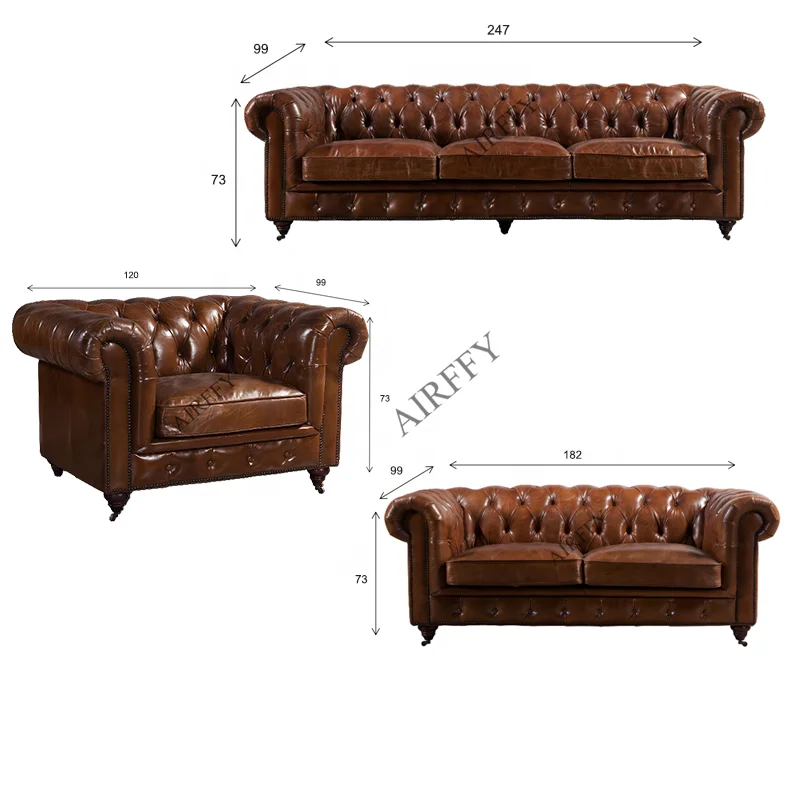 Vintage Genuine Leather Chesterfield Sofa Set for Living room Hotel Club Furniture