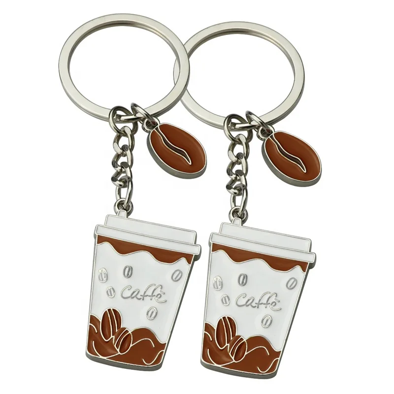 Custom Enamel Freshly Brewed Take Away Mini Coffee Cup Keyring Coffee Bean Keychain