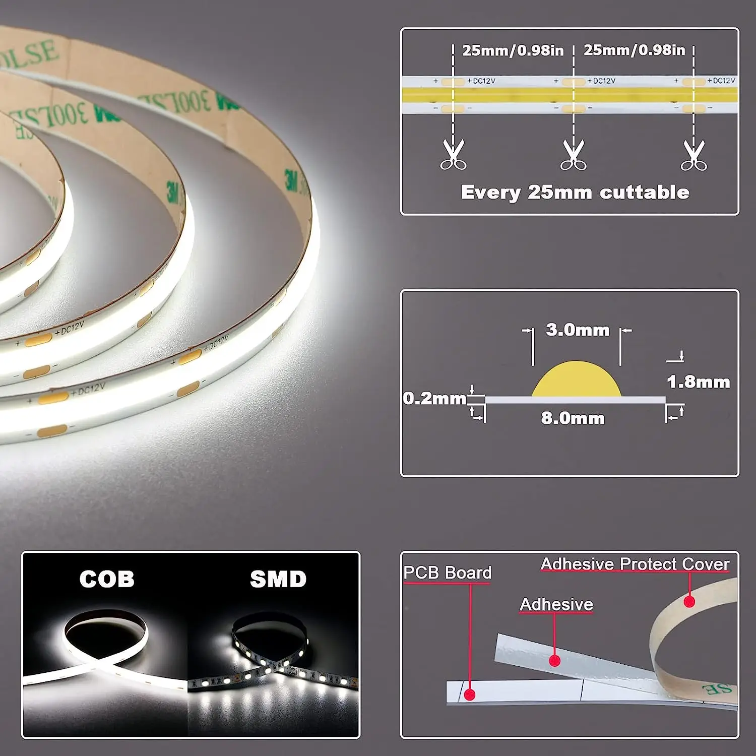 Ra90 DC24V 480LED Chips LED COB Strip Light 3000K 4000K 6000K Tiras Led 12V Flexible COB LED Strip