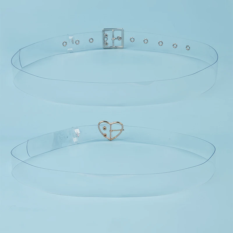 2PCS Fully Clear Belts Female Silver Square Pin Buckle And Gold Heart Pin Buckle PVC Plastic Transparent Belts