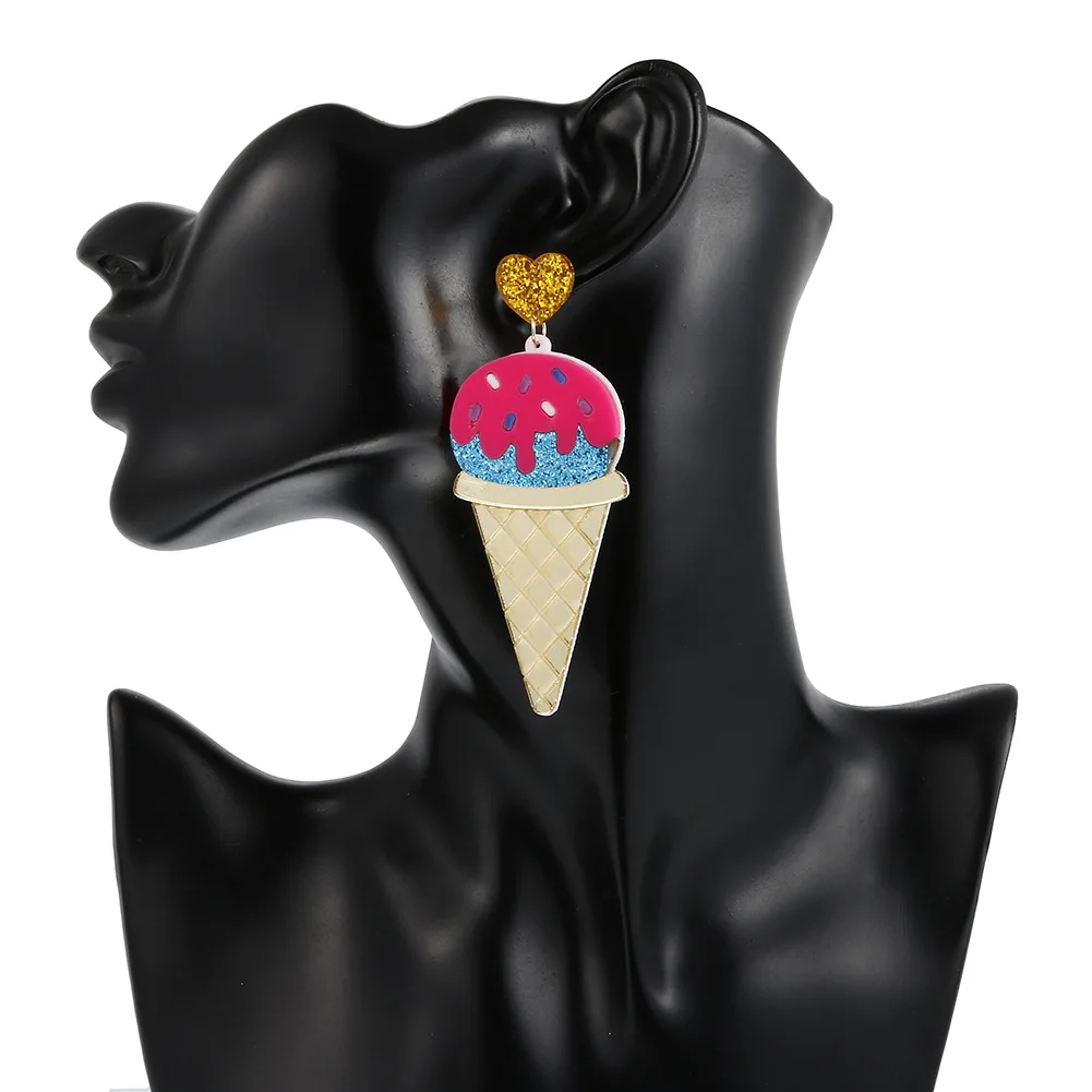 Cartoon Lovely Dessert Resin Earrings Gold Shiny Spot Ice Cream Shell Heart Pink Blue Chocolate Ice Sucker Acrylic Drop Earrings