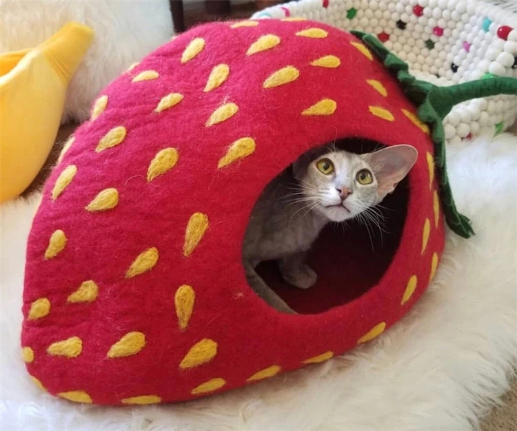 Hot Sale Comfortable Practical Durable Cute Cat Cave Bed Indoor Cat Cave Bed Felt Strawberry Cat Cave