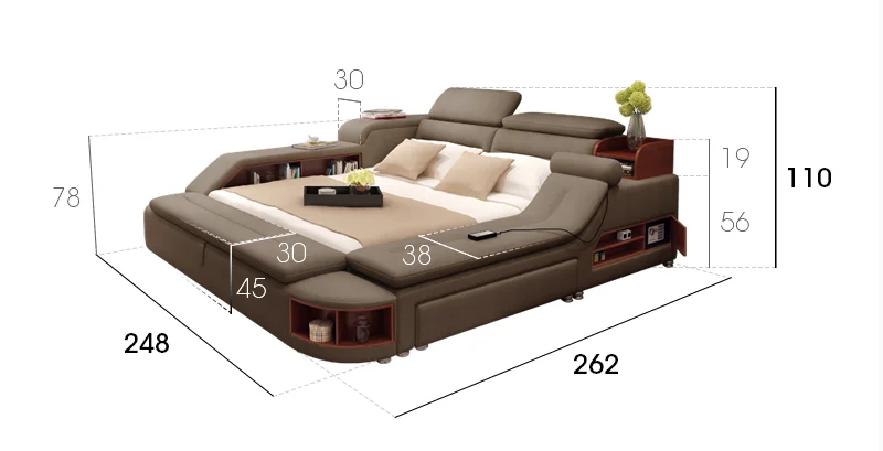 Multi function bed with massage and music pu leather upholstered bed with led