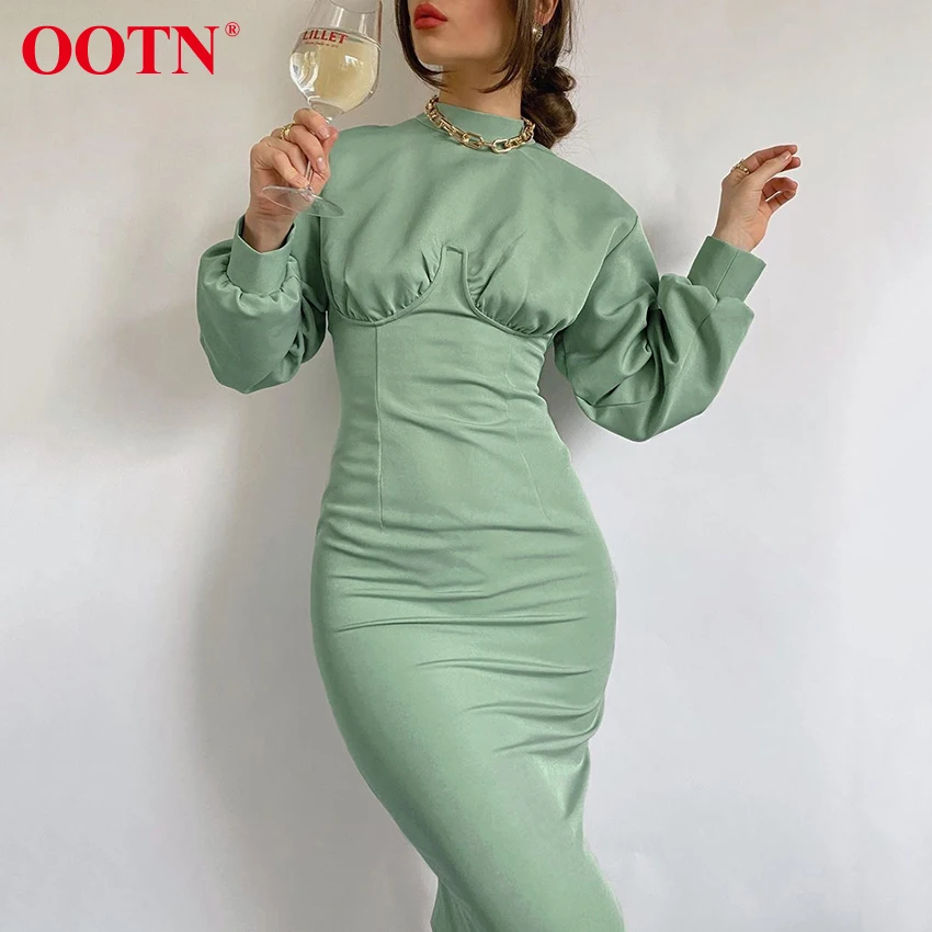 OOTN Long Sleeve Green High Waist Solid Casual Ladies Dresses Tunic 2020 Elegant Autumn Midi Dress Turtleneck Winter Women Dress