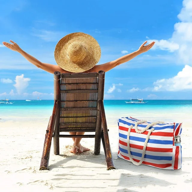 
Customized Women Cotton Canvas Rope Handle Wholesale Tote Zipper Foldable Beach Towel Bag 