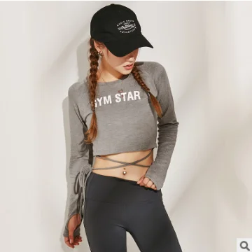 
New bandage yoga clothes long sleeves loose leisure leaking umbilical running fitness clothes were thin sports jacket women 