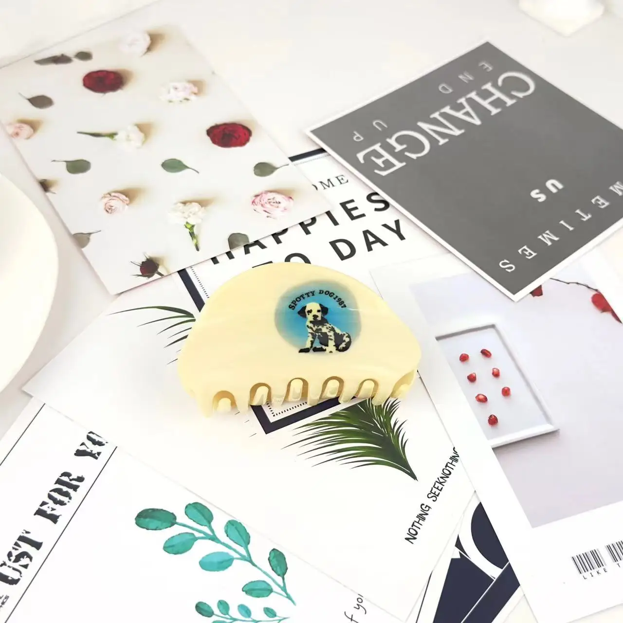 Vintage Acetate Half round Dog Print Hairpin Spotted Dog Grab Clip for Girls Back Hair Accessories