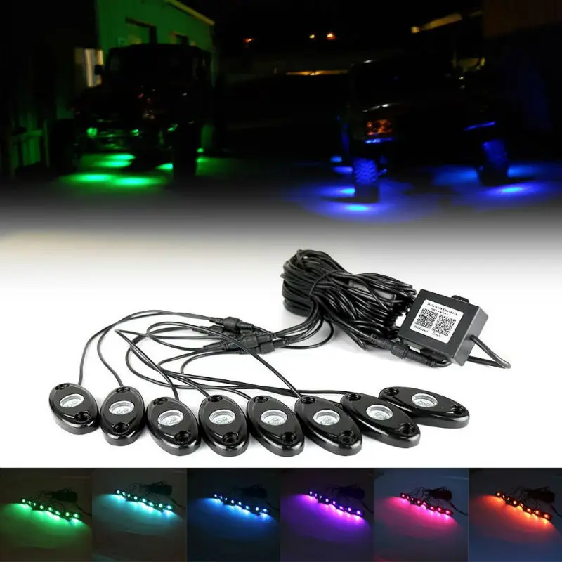 Комплект подсветки Rock Light RGB 1 контроль 8 светодиодов управление через приложение голубые зубы подземное освещение 12 В 9 Вт для джипа квадроцикла 4x4 внедорожника