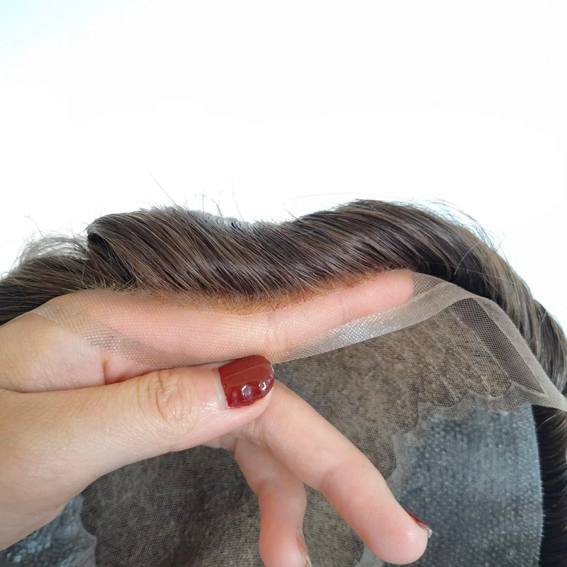 Indian Hair Q6 Style French Lace Thin Skin PU Base Men Toupee Hair Replacement System