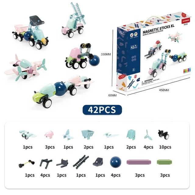 42 pcs solid colour big size engineering vehicle magnetic rod for kids DIY assemble