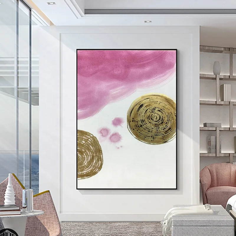 Abstract Oil Painting Canvas Wal Custom Handmade Wood Frame Abstract Wall Art Pink and Gold Foil Pictures Hand Painted Oil Painting Living Room Canvas