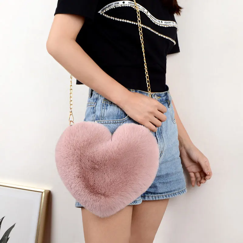 Girls Imitation Rabbit Fur Love Tote Bag Shoulder Messenger Plush Bag