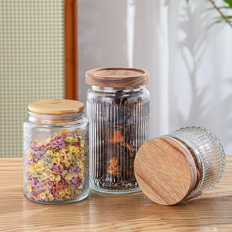 With Acacia Glass Storage Jar Wooden Lid Canister Airtight Spice Jar Vertical Stripe Wholesale BPA Free 500ML 700ML Camping Food