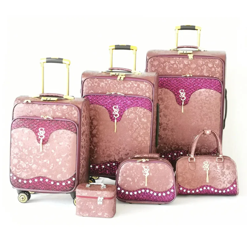6 pcs set pvc leather trolley bags valise on wheels tote bag cosmetic roller luggage bag