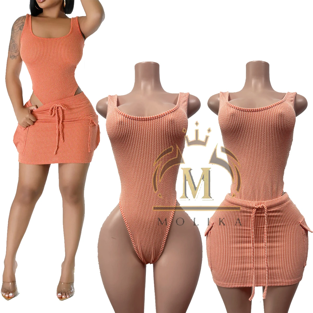 New Summer Women Outfits Ribbed Knit Bodysuits And Skirt Matching 2 Piece Sets Ladies Sexy Two Piece Rompers Sets Women 2024