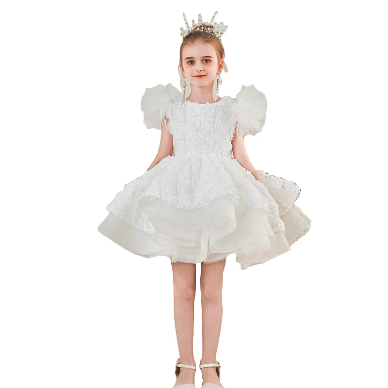 European And American White Baby Girls Wedding Dress 3D Flowers Fluffy Girls Formal Dresses With Big Bow