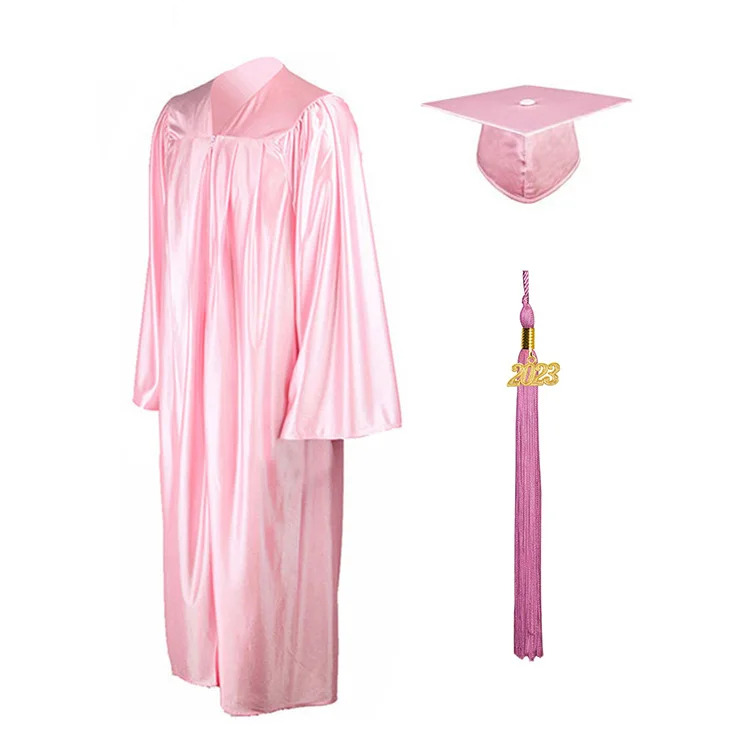 High School Pink Shiny Custom Graduation Gowns and Caps for Adult