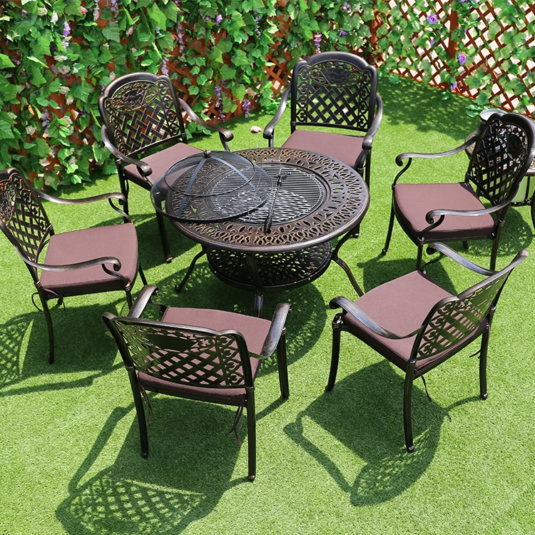 Garden Set Cast Aluminum Outdoor Furniture Patio Dining tavolo da giardino Chair Set Charcoal BBQ Table