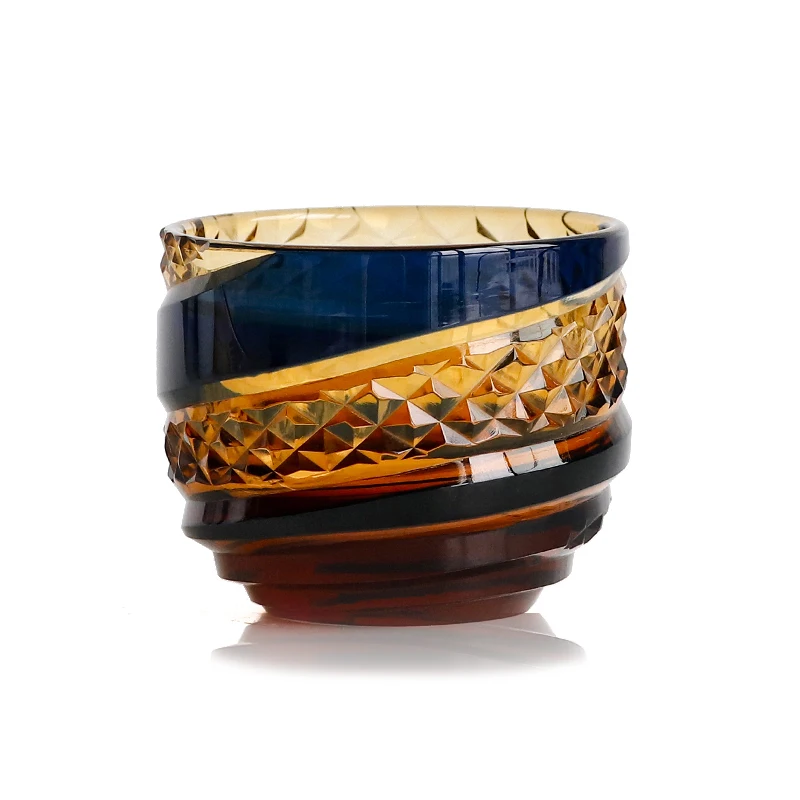 60 ml Hand Engraved Sake Cup Glass Shot Glass Amber and Blue