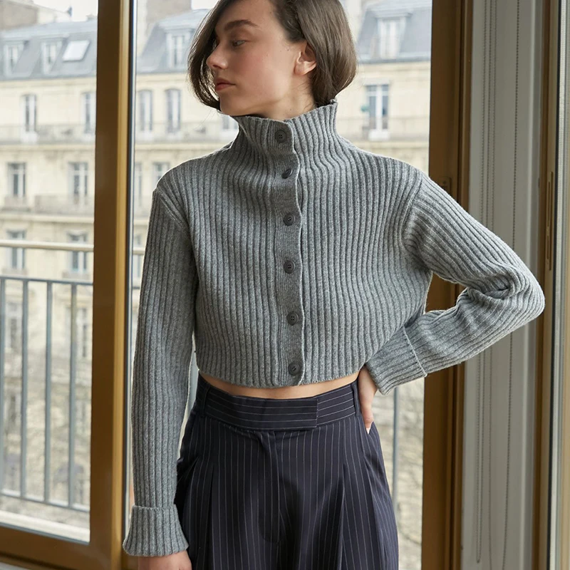 
ZENGLONG women high neck jacquard ribbed grey crop tops clothing coat turtleneck long sleeve winter cardigan knitted sweaters 