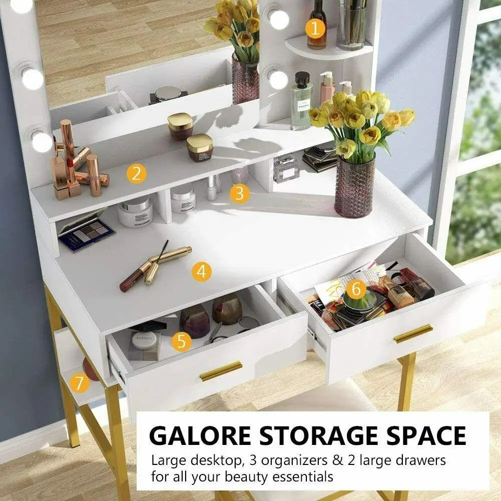 White Double Drawer Multi-Compartment Space With Square Mirror and Stool Dressing Table