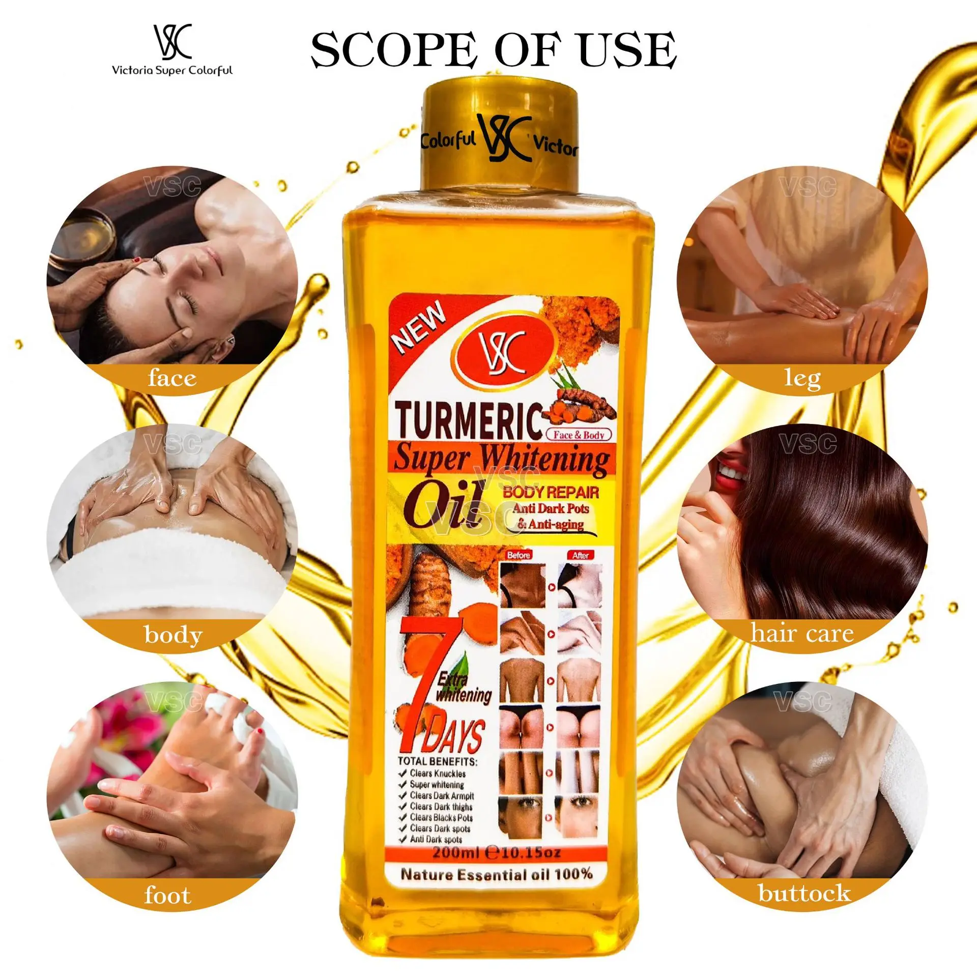 Top Quality Hot Sell Tumeric Oil For Skin Lightening 200ml Gold Whitening Body Bleaching Turmeric Super Whitening Oil