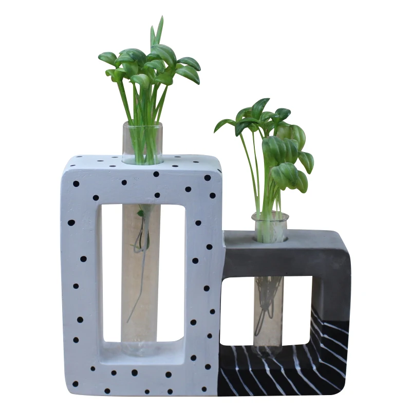 Cement Flowerpot with Glass Bottle Indoor Balcony Hydroponic Concrete Planters Garden Decor