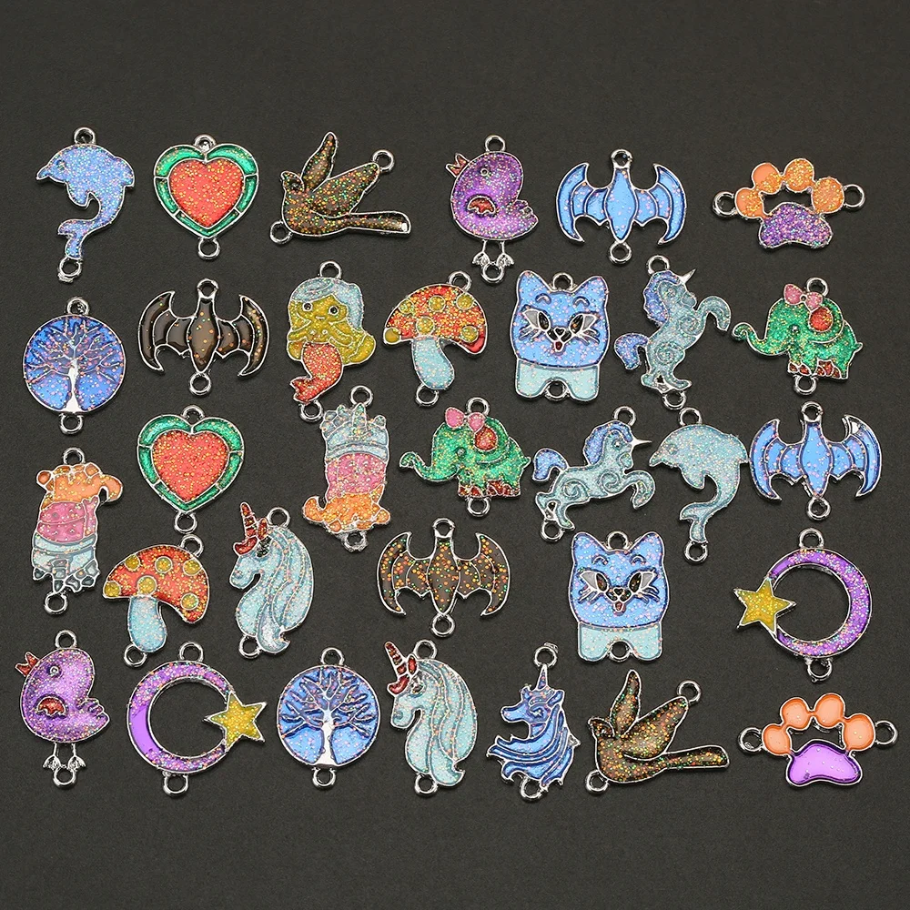 Mixed Animal Glitter Unicorn Elephant Alloy Enamel Charms For Necklace Jewelry Making Cat Pendant DIY Handmade Accessories