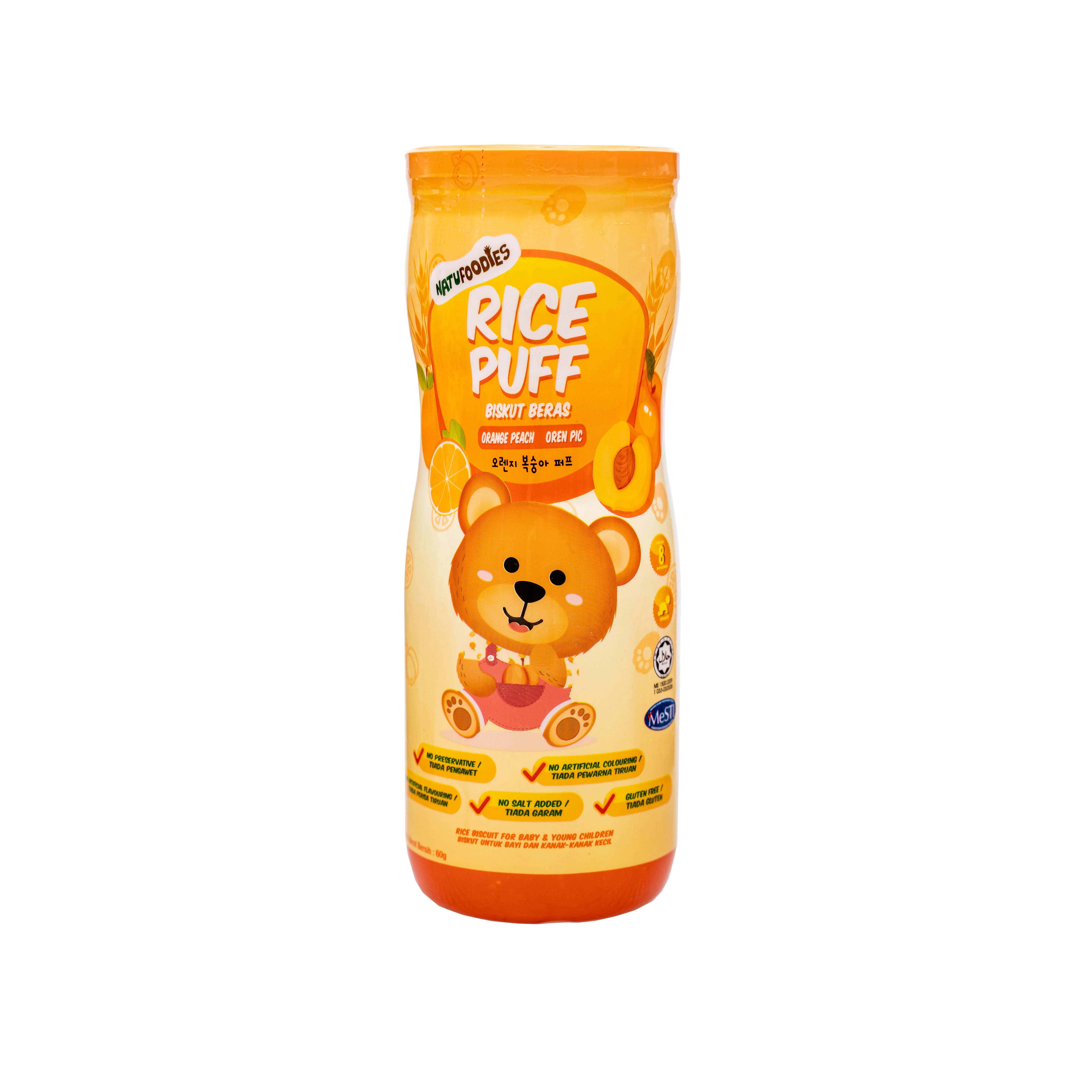 Hot Selling Deliciously Crisp Natufoodies 100% Gluten Free Vegetarian Baby Grain Snack Natural Orange Peach Rice Puff In Bottle