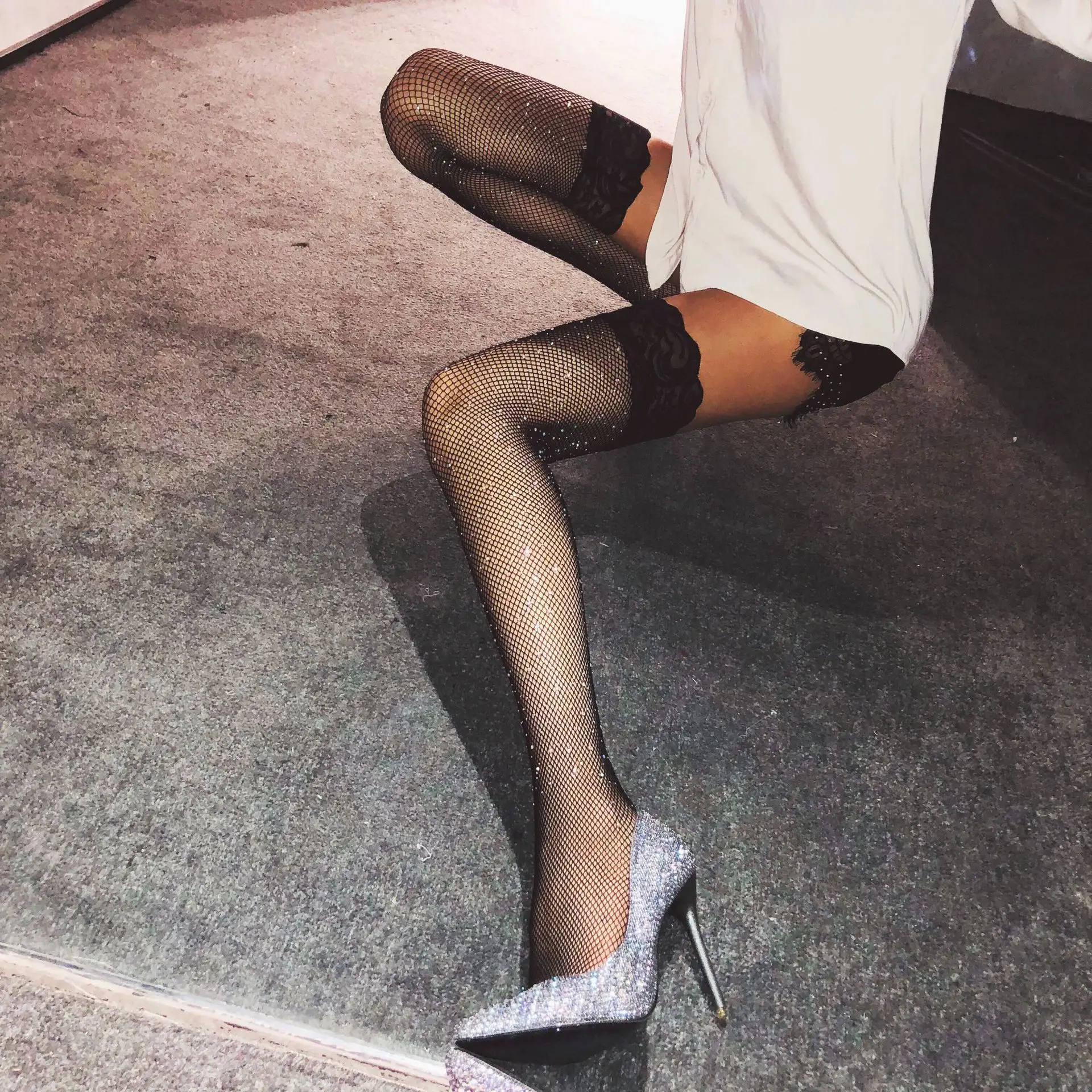 hot rhinestones body stocking sexy Sexy lace knee length mesh socks with drill women underwear hot sexy stocking