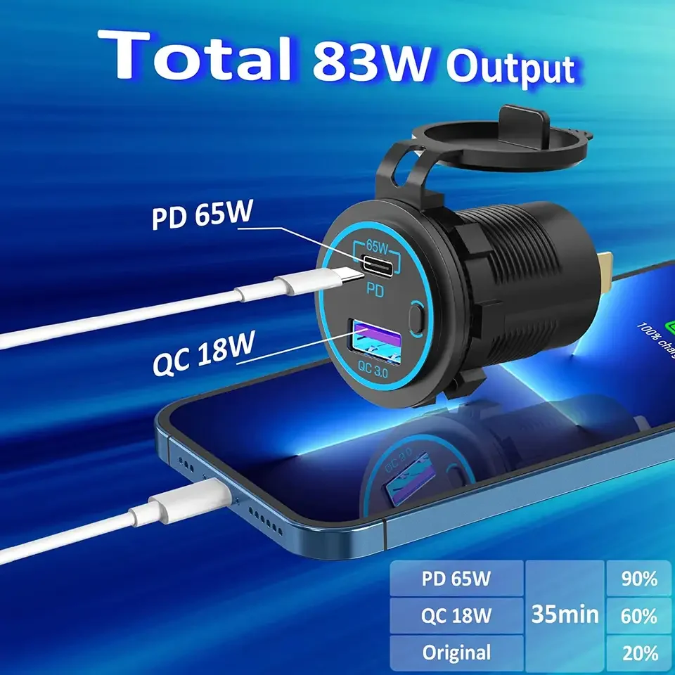 65W Type C PD 12V / 24V Led light QC3.0 Dual USB Socket for car Motorcycle Boat