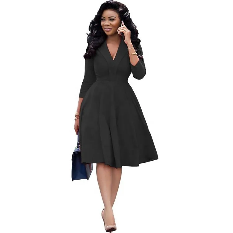 Fashion long sleeve solid color dark v neck pleated dress ladies office wear designs 819-0006