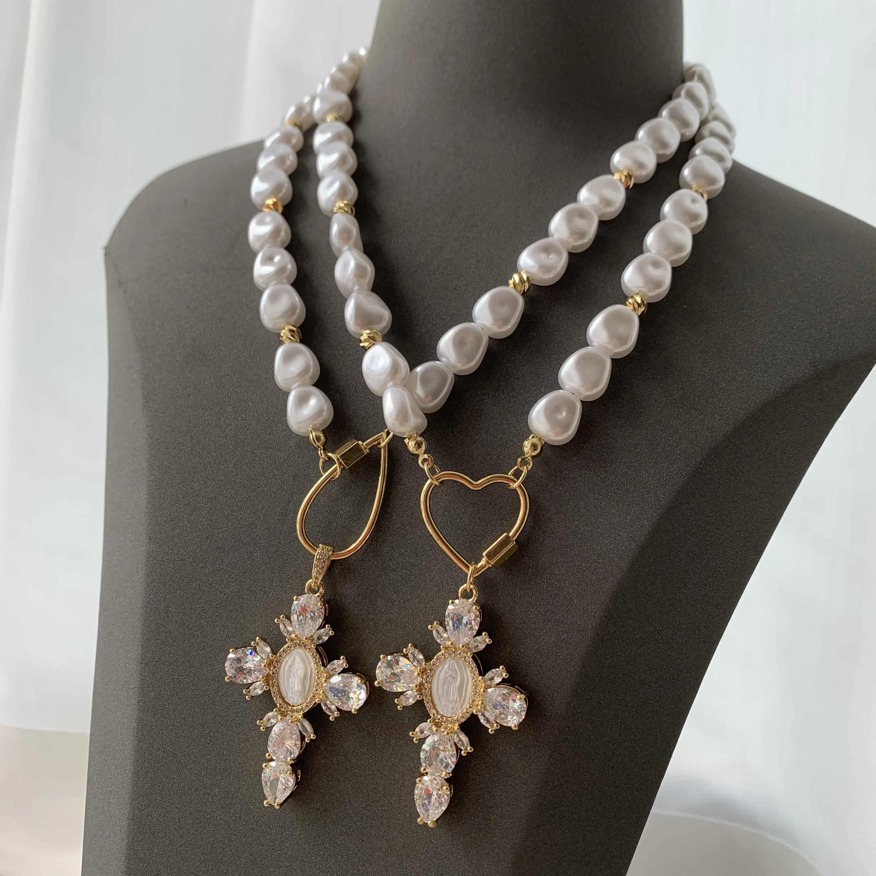 LS-L3292 Beautiful pearl necklaces women men fine jewelry gold clasp necklaces cubic zircon cross Virgin Mary necklaces