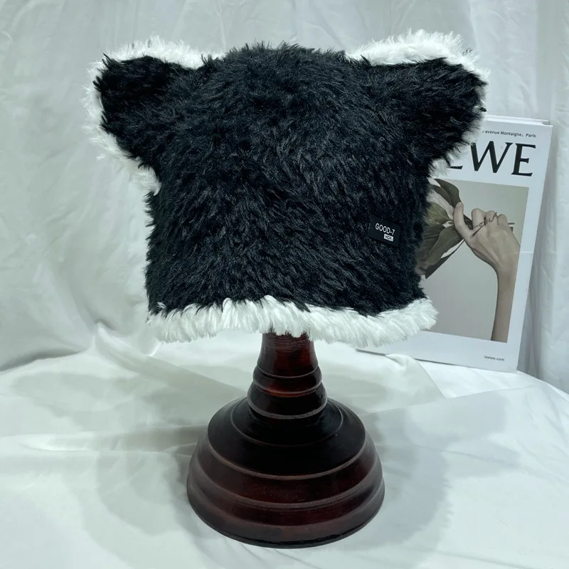 Sweet and Cute Bear Ears Matching Color Fisherman Hat Female Autumn and Winter Fashion Warm Ear Protection Furry Bucket Hat