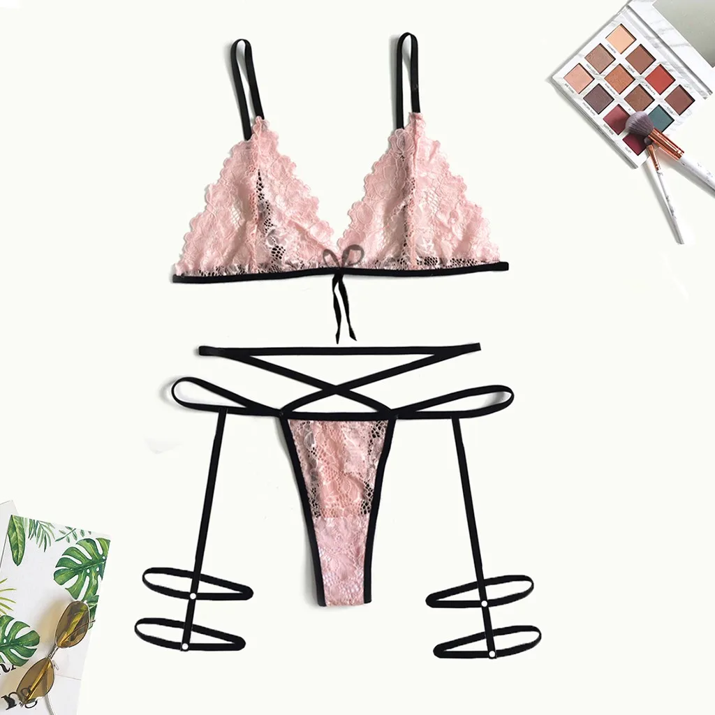 Pink lace breast nude womens sexy underwear lingerie sexy women lingerie multi ribbon leg bra and panty set clubwear lingerie