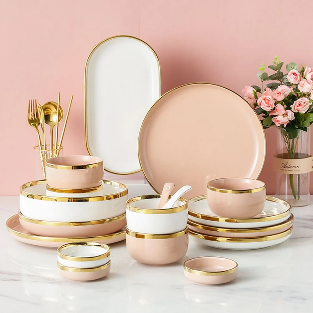 Pink White Nordic Style Dinner Set Dinnerware Phnom Penh Ceramic Bowl Plate Dish Spoon Chopsticks Free Collocation