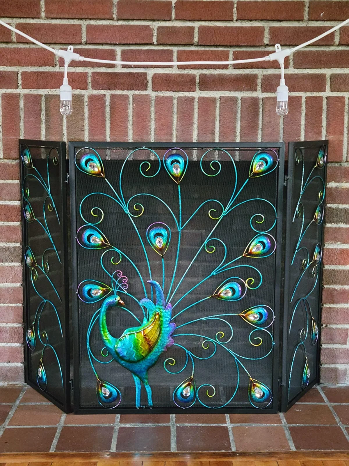 FUHUA freestanding 3 Panel Heavy Duty metal Fireplace Screen peacock fire screen